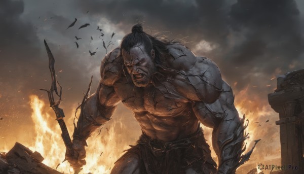 solo,long hair,black hair,1boy,holding,yellow eyes,ponytail,weapon,male focus,outdoors,sky,teeth,sword,cloud,holding weapon,armor,muscular,glowing,colored skin,facial hair,bird,scar,holding sword,abs,fire,pectorals,muscular male,clenched teeth,glowing eyes,beard,veins,topless male,manly,topknot,embers,navel,pants,torn clothes,cloudy sky,polearm,gauntlets,spear,mature male,holding polearm,biceps,crow,thick arms,veiny arms