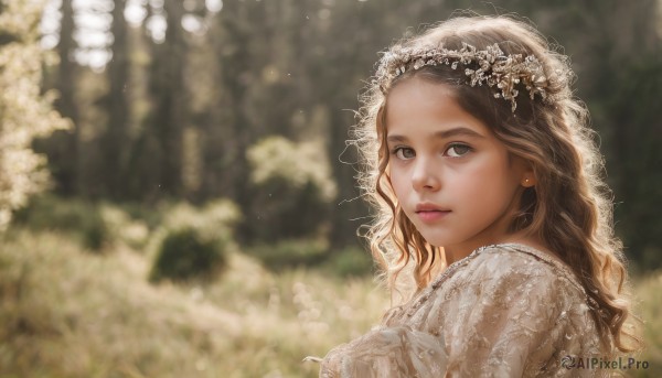 1girl,solo,long hair,looking at viewer,brown hair,hair ornament,dress,brown eyes,jewelry,closed mouth,upper body,flower,earrings,outdoors,hair flower,white dress,blurry,from side,lips,looking to the side,grey eyes,eyelashes,depth of field,blurry background,wavy hair,portrait,veil,realistic,nose,head wreath,nature,lace,bridal veil