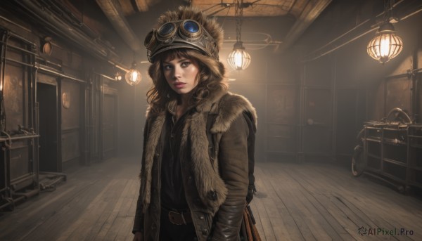 1girl,solo,long hair,looking at viewer,bangs,brown hair,shirt,long sleeves,hat,brown eyes,closed mouth,standing,jacket,open clothes,belt,indoors,bag,open jacket,lips,coat,fur trim,black shirt,wavy hair,goggles,buckle,goggles on head,brown jacket,lantern,wooden floor,belt buckle,realistic,nose,fur-trimmed jacket,light,lamp,leather,leather jacket,goggles on headwear,ceiling light,steampunk,jewelry,upper body,signature,scarf,vest,makeup,table,web address,open coat,door,shelf,ceiling,industrial pipe,rug,cabinet