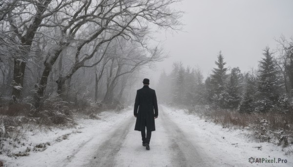 solo,short hair,black hair,long sleeves,1boy,standing,monochrome,greyscale,male focus,outdoors,pants,from behind,tree,coat,nature,scenery,snow,forest,walking,arms at sides,wide shot,bare tree,tombstone,boots,sky,black footwear,black coat,facing away,fog,grey sky,grey theme