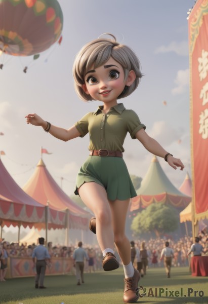 1girl,looking at viewer,smile,short hair,open mouth,brown hair,shirt,brown eyes,jewelry,standing,full body,ahoge,short sleeves,:d,grey hair,outdoors,multiple boys,sky,shoes,shorts,teeth,solo focus,day,socks,collared shirt,belt,artist name,cloud,blurry,bracelet,blue sky,lips,buttons,watermark,brown footwear,standing on one leg,grass,white socks,child,web address,walking,6+boys,running,belt buckle,green shirt,female child,flag,male child,balloon,green shorts,crowd,people,6+others,solo,skirt,thick eyebrows,nose