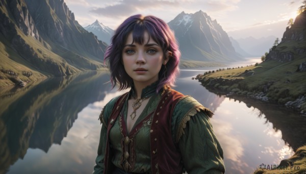 1girl,solo,breasts,looking at viewer,short hair,bangs,blue eyes,shirt,long sleeves,jewelry,upper body,purple hair,earrings,small breasts,outdoors,parted lips,sky,day,cloud,water,necklace,vest,lips,sunlight,cloudy sky,nature,scenery,pendant,reflection,mountain,realistic,nose,fantasy,river,landscape,mountainous horizon,lake,dress