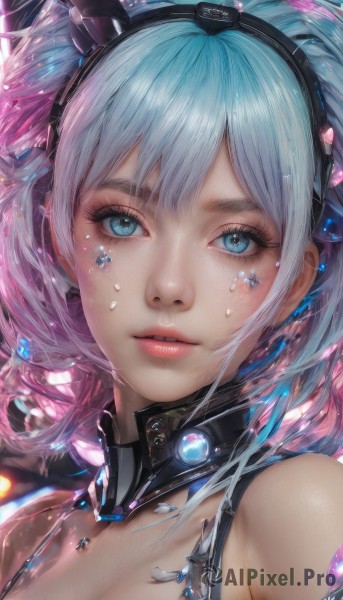 1girl,solo,breasts,looking at viewer,short hair,bangs,blue eyes,cleavage,bare shoulders,blue hair,pink hair,multicolored hair,hairband,parted lips,artist name,tears,lips,eyelashes,gradient hair,makeup,detached collar,headgear,portrait,close-up,realistic,nose,mascara,teeth,shiny,headphones,bubble,water drop,pink lips,air bubble