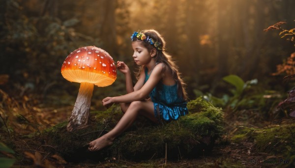 1girl,solo,long hair,brown hair,hair ornament,dress,bare shoulders,sitting,closed eyes,flower,outdoors,barefoot,sleeveless,hair flower,blurry,from side,tree,bare arms,sleeveless dress,depth of field,blurry background,blue dress,sunlight,grass,nature,forest,minigirl,realistic,head wreath,mushroom,on ground,moss,skirt,child,scenery,dirty feet