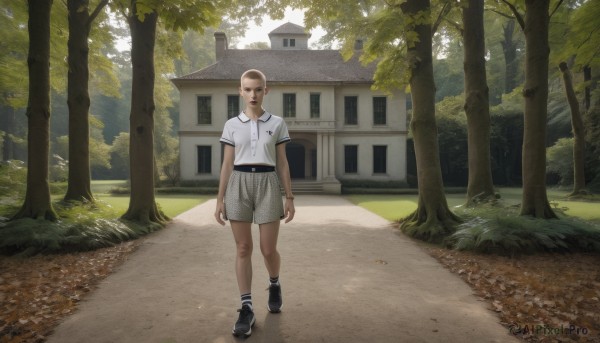 1girl,solo,looking at viewer,short hair,brown hair,shirt,1boy,standing,full body,white shirt,short sleeves,male focus,outdoors,shoes,shorts,day,socks,black footwear,tree,sunglasses,grass,t-shirt,building,sneakers,nature,scenery,forest,walking,watch,white shorts,sportswear,realistic,arms at sides,wristwatch,road,bald,very short hair,house,grey shorts,path,jewelry,belt,necklace,bracelet,black belt