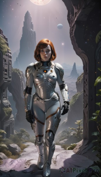 1girl,solo,breasts,looking at viewer,short hair,blue eyes,brown hair,gloves,medium breasts,standing,full body,outdoors,armor,tree,lips,bodysuit,thigh gap,moon,star (sky),skin tight,full moon,walking,science fiction,realistic,nose,arms at sides,ruins,planet,spacesuit,boots,sky,leaf,sunlight,freckles,rock,armored boots