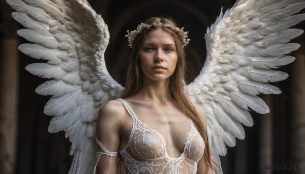 1girl,solo,long hair,breasts,looking at viewer,blonde hair,brown hair,cleavage,brown eyes,medium breasts,collarbone,upper body,parted lips,wings,blurry,lips,blurry background,feathered wings,angel wings,realistic,white wings,angel,head wreath,bare shoulders,nipples,small breasts,covered nipples,see-through,lingerie