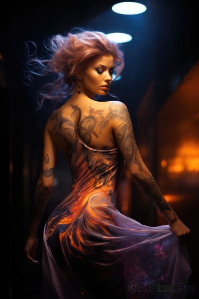 1girl,solo,long hair,brown hair,dress,bare shoulders,jewelry,closed eyes,ass,earrings,looking back,dark skin,from behind,blurry,dark-skinned female,lips,see-through,strapless,tattoo,makeup,back,skirt hold,back tattoo,full-body tattoo,realistic,nose,light,naked sheet