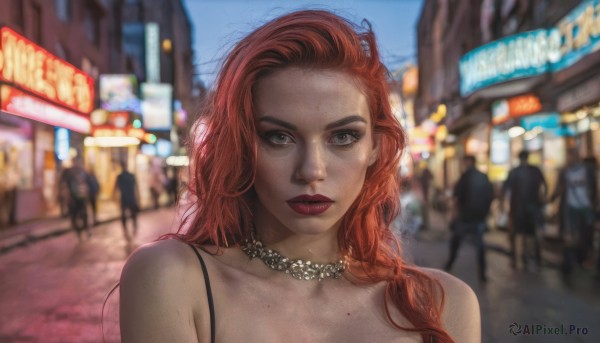 1girl,solo,long hair,looking at viewer,blue eyes,bare shoulders,jewelry,closed mouth,upper body,red hair,outdoors,solo focus,day,necklace,mole,blurry,lips,grey eyes,makeup,depth of field,blurry background,lipstick,portrait,forehead,freckles,city,realistic,red lips,pearl necklace,collarbone,sky,night,road,street,mole on cheek