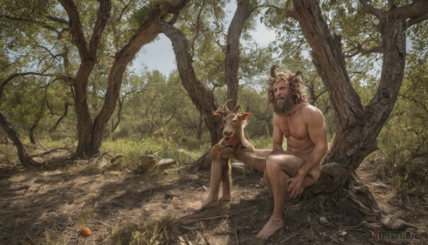 short hair,brown hair,1boy,navel,sitting,nipples,male focus,nude,outdoors,food,multiple boys,horns,barefoot,day,pointy ears,2boys,tree,completely nude,muscular,fruit,facial hair,bird,animal,eating,abs,pectorals,muscular male,nature,scenery,bara,beard,forest,topless male,realistic,apple,chest hair,leg hair,squirrel,log,solo,open mouth,holding,animal ears,full body,stomach,sunlight,holding food,large pectorals,mature male,antlers,navel hair,deer