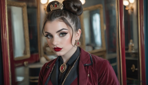 1girl,solo,looking at viewer,brown hair,shirt,black hair,brown eyes,jewelry,jacket,upper body,earrings,collared shirt,indoors,necklace,hair bun,blurry,lips,black shirt,makeup,blurry background,formal,single hair bun,crown,lipstick,brooch,gem,portrait,red jacket,mirror,red lips,smile,eyelashes,reflection,realistic