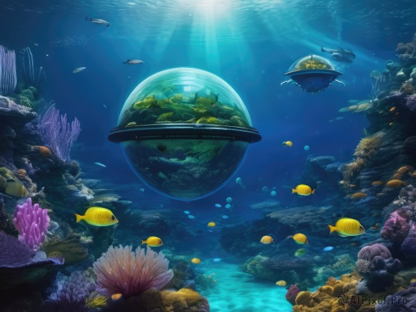 water,no humans,ocean,sunlight,scenery,fish,bubble,light rays,rock,underwater,air bubble,sunbeam,jellyfish,whale,turtle,caustics,coral,seaweed,fantasy,watercraft,ship