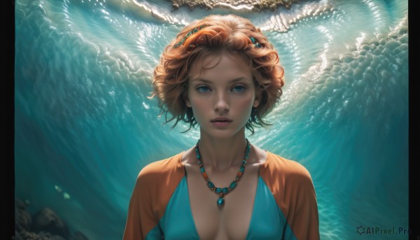 1girl,solo,breasts,looking at viewer,short hair,blue eyes,blonde hair,hair ornament,dress,cleavage,jewelry,medium breasts,collarbone,upper body,earrings,water,necklace,orange hair,lips,gem,underwater,realistic,nose,pearl necklace,coral,brown hair,parted lips,teeth,curly hair