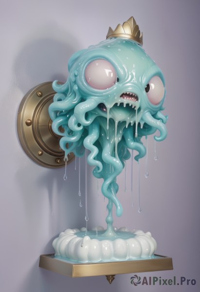 solo,open mouth,simple background,teeth,grey background,black eyes,no humans,saliva,shadow,crown,sharp teeth,tentacles,monster,shield,tentacle hair,dripping,slime (substance),looking at viewer,artist name,wet,watermark,creature,extra eyes,slime (creature),treasure chest