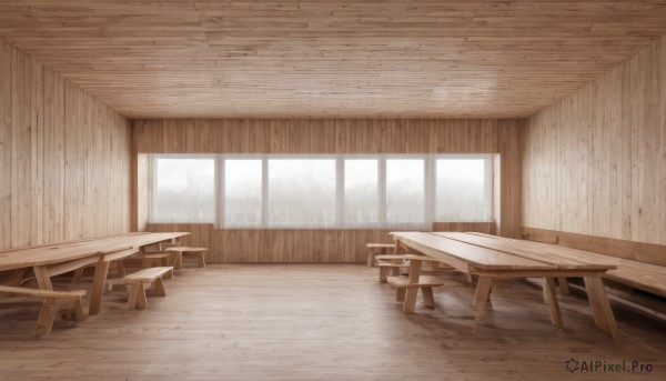 outdoors,day,indoors,tree,no humans,window,chair,table,sunlight,scenery,rain,wooden floor,bench,wooden wall,wooden table,wood,wooden chair,monochrome