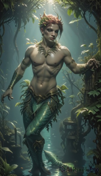 solo,looking at viewer,short hair,brown hair,1boy,navel,jewelry,nipples,standing,full body,male focus,red hair,earrings,outdoors,artist name,water,necklace,stomach,tree,tattoo,muscular,colored skin,leaf,piercing,abs,sunlight,pectorals,plant,muscular male,nature,black nails,wading,forest,walking,toned,topless male,bracer,vines,toned male,monster boy,green eyes,boots,nail polish,bracelet,lips,armlet,freckles,realistic