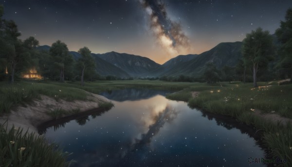 outdoors,sky,cloud,water,tree,no humans,night,grass,fire,star (sky),nature,night sky,scenery,forest,smoke,starry sky,reflection,mountain,river,lake,burning,campfire,flower,road,house,landscape,mountainous horizon,reflective water,milky way