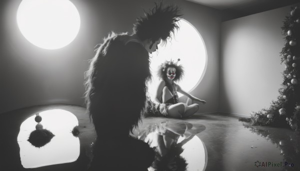 1girl,smile,short hair,open mouth,red eyes,1boy,sitting,monochrome,greyscale,male focus,multiple boys,teeth,2boys,water,night,moon,full moon,reflection,spot color,eye focus,barefoot,messy hair,indian style