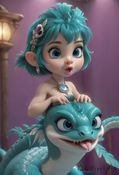 1girl,solo,smile,short hair,open mouth,blue eyes,hair ornament,bare shoulders,jewelry,blue hair,nude,earrings,teeth,tongue,pointy ears,tongue out,necklace,blurry,aqua eyes,lips,loli,eyelashes,aqua hair,makeup,depth of field,blurry background,fangs,aged down,feathers,monster girl,gem,child,pendant,female child,scales,mermaid,lamia,forked tongue,shell hair ornament,parted lips,green hair,watermark,web address,shell,fins