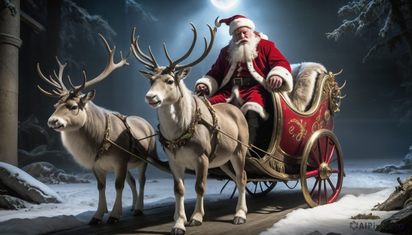 HQ,solo,1boy,hat,jacket,male focus,outdoors,sky,belt,pants,cloud,fur trim,bell,night,facial hair,animal,moon,night sky,christmas,beard,snow,full moon,santa hat,santa costume,mustache,riding,antlers,red pants,old man,reindeer,reins,saddle,jewelry,collar,chain,leash,sack,reindeer antlers