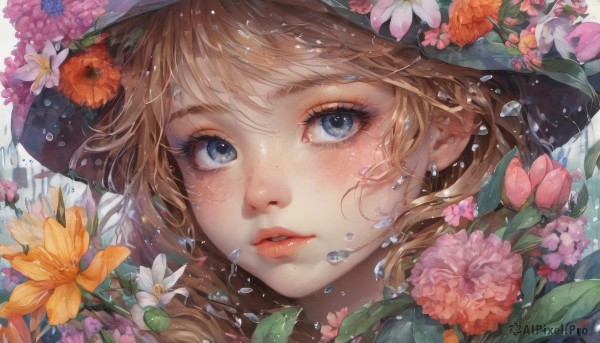 1girl, solo, long hair, looking at viewer, bangs, blue eyes, blonde hair, hat, flower, parted lips, lips, eyelashes, portrait, pink flower, freckles, water drop, hat flower, orange flower