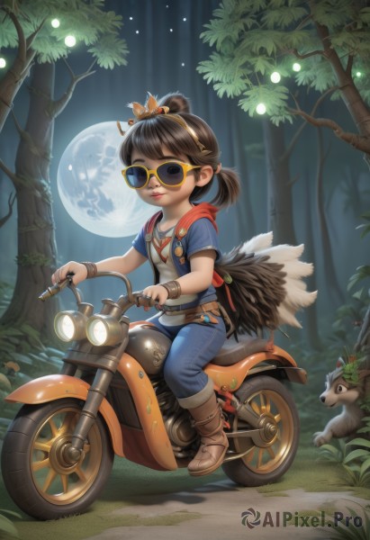 1girl,solo,looking at viewer,smile,short hair,bangs,brown hair,shirt,hair ornament,jewelry,sitting,closed mouth,jacket,full body,white shirt,ponytail,short sleeves,hairband,boots,outdoors,wings,belt,pants,artist name,hood,bag,tree,lips,night,animal,watermark,brown footwear,moon,sunglasses,hood down,grass,feathers,crown,denim,goggles,ground vehicle,wristband,child,nature,web address,motor vehicle,full moon,forest,short ponytail,jeans,blue pants,overalls,riding,motorcycle,yellow-framed eyewear,deer,black hair,necklace,hoodie,backpack,night sky,female child,squirrel