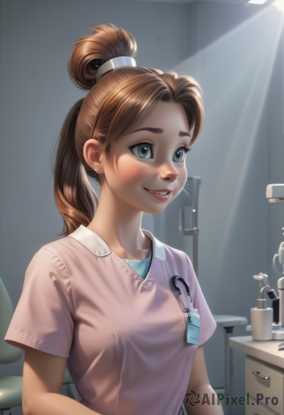 1girl,solo,long hair,breasts,blush,smile,open mouth,blue eyes,brown hair,shirt,green eyes,upper body,ponytail,short sleeves,small breasts,parted lips,teeth,indoors,lips,sunlight,high ponytail,freckles,pink shirt,light rays,mirror,realistic,sunbeam,stethoscope,bangs,jewelry,medium breasts,collarbone,earrings,grin,watermark,single hair bun,nose,stud earrings,light,id card,lanyard