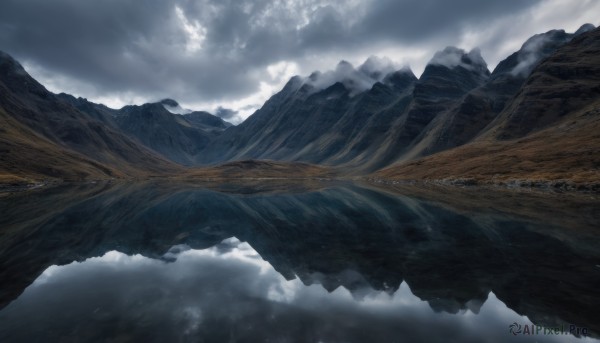 outdoors,sky,day,cloud,no humans,cloudy sky,nature,scenery,mountain,fantasy,dragon,landscape,mountainous horizon,fog,water,reflection,river,lake,cliff,above clouds