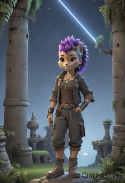 solo,smile,1boy,animal ears,jewelry,standing,jacket,tail,full body,purple hair,male focus,multicolored hair,earrings,boots,outdoors,open clothes,sky,belt,pants,artist name,cat ears,necklace,black eyes,bracelet,:3,night,grass,plant,spiked hair,wristband,star (sky),night sky,furry,sleeves rolled up,starry sky,pouch,hand in pocket,furry male,ruins,animal nose,pillar,shooting star,mohawk,1girl,short hair,shirt,brown eyes,closed mouth,blue hair,collarbone,short sleeves,signature,vest,two-tone hair,open jacket,tree,hand on hip,watermark,brown footwear,buckle,pocket,brown jacket,belt buckle,furry female,brown belt,body fur,belt pouch,open vest,whiskers,snout,brown fur,two-tone fur,moss