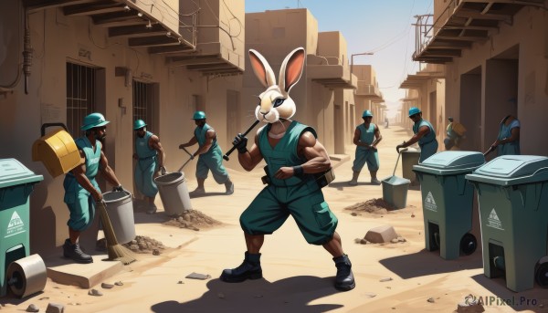 shirt,gloves,hat,holding,animal ears,standing,weapon,white hair,male focus,boots,outdoors,multiple boys,sleeveless,day,black gloves,artist name,dark skin,bag,black footwear,rabbit ears,mask,muscular,shadow,sunglasses,dark-skinned male,helmet,muscular male,building,furry,6+boys,4boys,rabbit girl,bucket,overalls,bald,multiple others,jumpsuit,trash can,crate,drum (container),6+others,multiple girls,sky,shoes,pants,holding weapon,uniform,vest,blue sky,bird,tank top,blue shirt,wristband,cable,5boys,hammer,industrial pipe