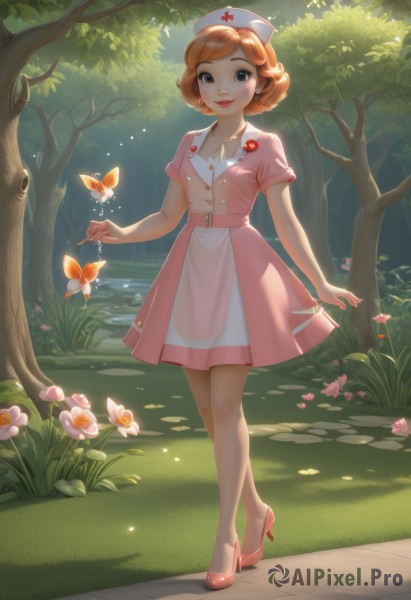 1girl,solo,breasts,looking at viewer,smile,short hair,brown hair,hat,dress,jewelry,closed mouth,standing,collarbone,full body,flower,short sleeves,earrings,outdoors,shoes,day,artist name,water,necklace,orange hair,black eyes,high heels,tree,lips,grey eyes,makeup,buttons,swept bangs,glowing,grass,cross,bug,lipstick,butterfly,pink dress,nature,forest,nurse cap,pink footwear,red lips,nurse,pumps,path,pond,red cross,belt,watermark,bush,syringe