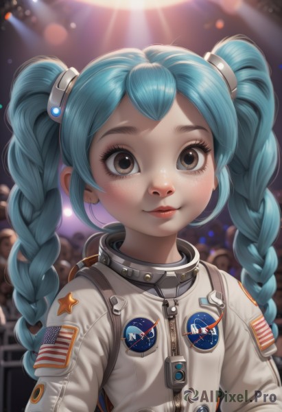 1girl,solo,long hair,looking at viewer,smile,hair ornament,twintails,brown eyes,closed mouth,blue hair,upper body,braid,solo focus,artist name,star (symbol),blurry,twin braids,lips,eyelashes,aqua hair,depth of field,blurry background,watermark,web address,zipper,freckles,realistic,american flag,spacesuit,astronaut,blush,bangs,nose,badge,crowd