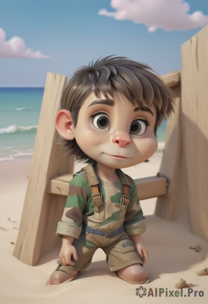 solo,looking at viewer,smile,brown hair,shirt,black hair,1boy,brown eyes,full body,male focus,outdoors,sky,shorts,day,belt,cloud,water,blue sky,kneeling,ocean,beach,child,freckles,fence,sand,overalls,male child,camouflage,shell,short hair,bag,sandals,backpack,realistic,green shirt