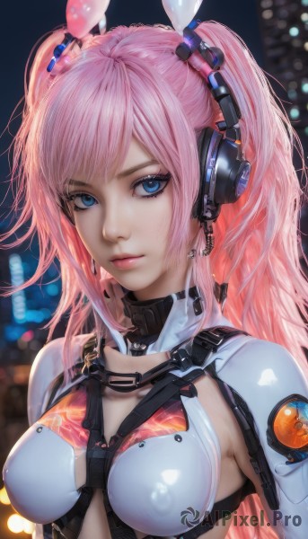 1girl,solo,long hair,breasts,looking at viewer,bangs,blue eyes,animal ears,twintails,medium breasts,closed mouth,upper body,pink hair,shiny,rabbit ears,blurry,covered nipples,lips,eyelashes,bodysuit,makeup,blurry background,fake animal ears,headphones,skin tight,headset,science fiction,impossible clothes,hair ornament,jewelry,two side up,realistic,nose