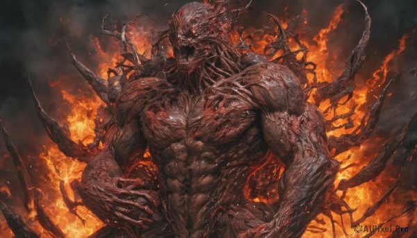 solo,looking at viewer,open mouth,1boy,upper body,male focus,horns,teeth,no humans,muscular,glowing,abs,fire,sharp teeth,muscular male,glowing eyes,claws,spikes,veins,monster,white eyes,extra arms,extra eyes,demon,embers,burning,standing,nude,smoke