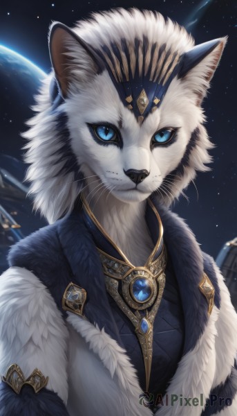 solo,looking at viewer,blue eyes,1boy,animal ears,jewelry,closed mouth,upper body,male focus,sky,signature,necklace,coat,fur trim,no humans,cat,brooch,gem,star (sky),furry,starry sky,colored sclera,fur collar,space,furry male,white fur,planet,whiskers,blue gemstone,black fur,1girl,hat,animal,moon,slit pupils,pendant,earth (planet)