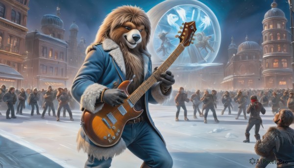 blue eyes,multiple girls,brown hair,gloves,hat,holding,jacket,weapon,outdoors,multiple boys,sky,black gloves,belt,pants,signature,hood,armor,uniform,coat,fur trim,military,military uniform,night,building,instrument,star (sky),night sky,furry,snow,starry sky,6+boys,snowing,city,music,guitar,winter clothes,leather,winter,playing instrument,holding instrument,castle,electric guitar,crowd,long hair,short hair,open mouth,blonde hair,black hair,long sleeves,male focus,boots,teeth,fangs,helmet,denim,walking,jeans,furry male,wolf,lion