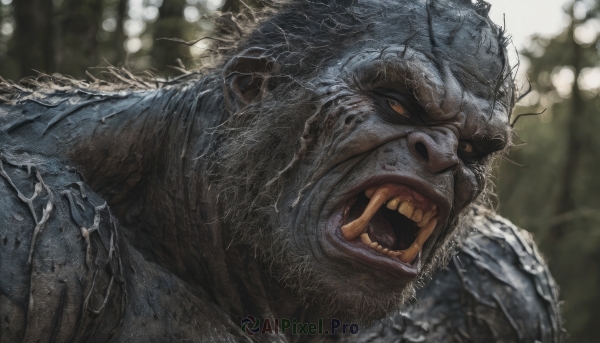 solo,open mouth,1boy,male focus,teeth,armor,blurry,no humans,blurry background,fangs,portrait,monster,realistic,antennae,kaijuu,looking at viewer,tongue,orange eyes,facial hair,beard,close-up