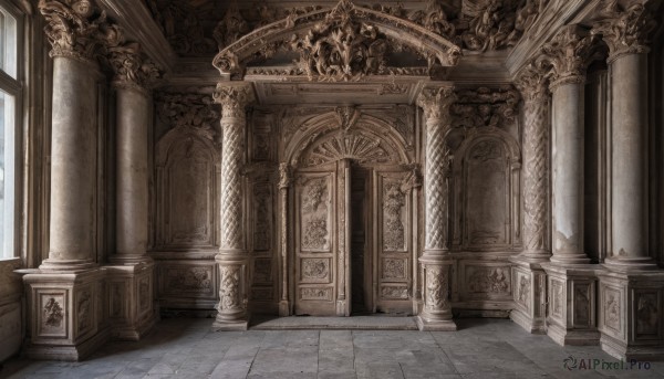 day,indoors,no humans,window,sunlight,scenery,stairs,door,architecture,pillar,statue,hallway,church,arch,column,tiles,tile floor,floor,ceiling,stone floor