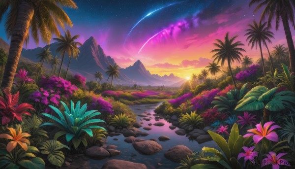 flower, outdoors, sky, cloud, water, tree, no humans, night, grass, plant, star (sky), nature, scenery, starry sky, sunset, rock, mountain, palm tree, shooting star