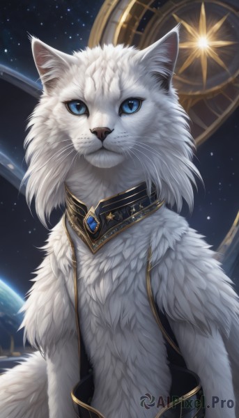 solo,looking at viewer,blue eyes,jewelry,closed mouth,upper body,signature,no humans,animal,cat,brooch,gem,star (sky),starry sky,colored sclera,space,animal focus,white fur,planet,whiskers,earth (planet),white cat,fluffy,sky,slit pupils