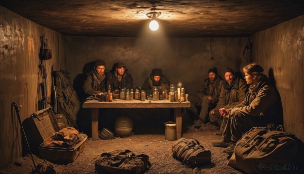 black hair,hat,sitting,weapon,male focus,multiple boys,indoors,bag,cup,blood,facial hair,table,bottle,beard,alcohol,6+boys,light,tent,uniform,gun,backpack,rifle,lamp