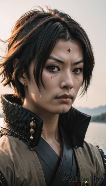 1girl,solo,looking at viewer,short hair,black hair,brown eyes,jewelry,closed mouth,jacket,upper body,earrings,outdoors,japanese clothes,artist name,kimono,blurry,lips,fur trim,blurry background,facial mark,messy hair,portrait,freckles,forehead mark,realistic,nose,piercing,backlighting,facepaint