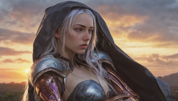 1girl,solo,long hair,breasts,blue eyes,cleavage,medium breasts,closed mouth,upper body,white hair,outdoors,parted lips,sky,cloud,hood,armor,lips,looking to the side,grey eyes,looking away,cloudy sky,shoulder armor,gauntlets,hood up,pauldrons,sunset,mountain,realistic,nose,looking afar,large breasts,cape,eyelashes,expressionless,thick eyebrows,forehead,freckles,hooded cloak