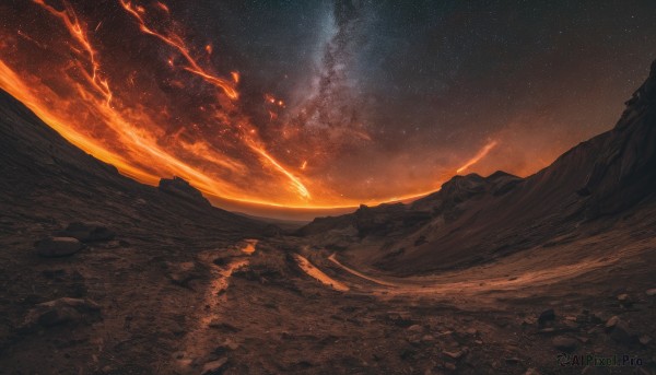 outdoors,sky,cloud,dutch angle,no humans,night,cloudy sky,fire,star (sky),night sky,scenery,starry sky,sunset,rock,mountain,horizon,landscape,mountainous horizon,molten rock,space,planet