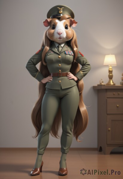 1girl,solo,long hair,breasts,looking at viewer,large breasts,brown hair,shirt,long sleeves,hat,animal ears,medium breasts,very long hair,closed mouth,standing,jacket,full body,necktie,collared shirt,belt,pants,indoors,uniform,high heels,military,military uniform,animal,brown footwear,peaked cap,black necktie,furry,pocket,hands on hips,military hat,green jacket,green headwear,furry female,brown belt,lamp,breast pocket,military jacket,green pants,world war ii,clothed animal,white shirt,artist name,black eyes,shadow,watermark,red footwear,epaulettes,grey jacket,grey pants