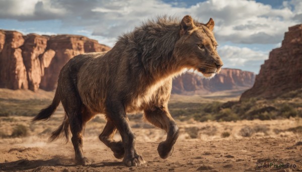 solo,full body,outdoors,sky,day,cloud,blurry,blue sky,no humans,shadow,animal,cloudy sky,claws,mountain,realistic,animal focus,tusks,signature,rock,sand,desert,cliff