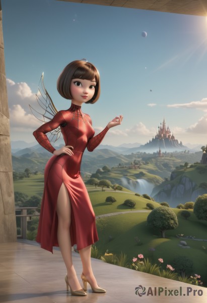 1girl,solo,breasts,looking at viewer,smile,short hair,bangs,brown hair,black hair,long sleeves,dress,brown eyes,closed mouth,standing,full body,flower,small breasts,outdoors,wings,sky,shoes,day,artist name,cloud,hand up,blunt bangs,water,black eyes,high heels,tree,blue sky,lips,hand on hip,makeup,brown footwear,moon,red dress,bob cut,grass,bug,lipstick,building,side slit,mountain,fantasy,sun,fairy wings,red lips,fairy,crescent moon,bridge,river,castle,waterfall,mountainous horizon,insect wings,scenery,long dress