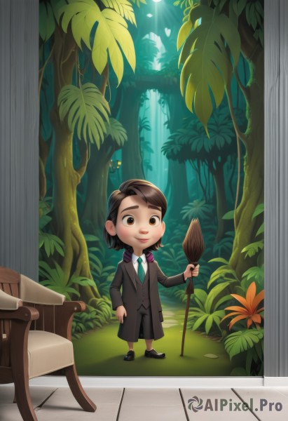 1girl,solo,looking at viewer,smile,short hair,brown hair,shirt,long sleeves,1boy,holding,brown eyes,school uniform,standing,flower,male focus,outdoors,necktie,day,chibi,black footwear,tree,headphones,leaf,chair,formal,table,sunlight,suit,bug,plant,child,nature,forest,light rays,blue necktie,hogwarts school uniform,black hair,shoes,staff,holding staff