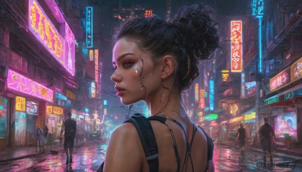 1girl, blue eyes, multiple girls, black hair, jewelry, upper body, outdoors, solo focus, lips, wet, night, science fiction, rain, city, sign, realistic, nose, road, wet hair, cyberpunk, neon lights